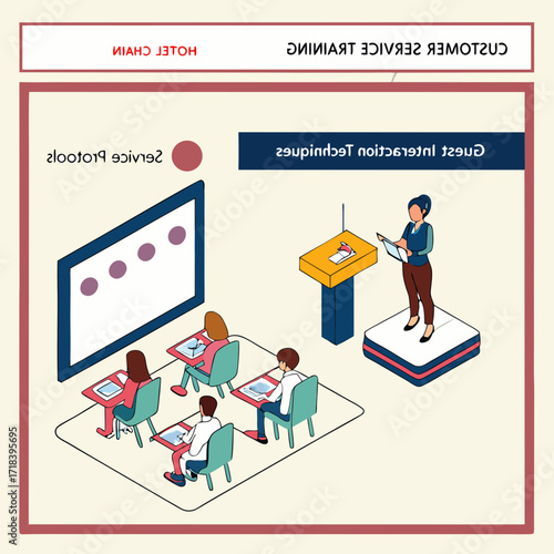 Vector art of customer service training session with a presenter and attendees in a classroom setting, the training focuses on guest interaction techniques and service protocols