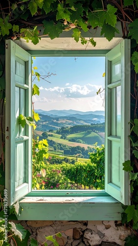 Panoramic view from a light teal window