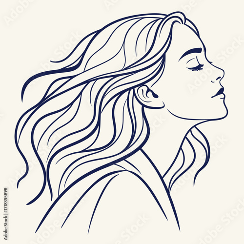 Vector art of elegant line art illustration of a serene woman with flowing hair, eyes closed, and a peaceful expression, perfect for beauty, wellness, and mindfulness themes