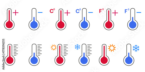 Vector art of diverse thermometer illustrations displaying celsius, fahrenheit, sun, and snowflake symbols, representing temperature variations and weather conditions