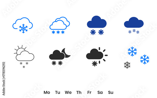 Vector art of weather forecast icons set collection of different weather conditions such as snow, rain, sun, cloud, wind, and moon for web and mobile design