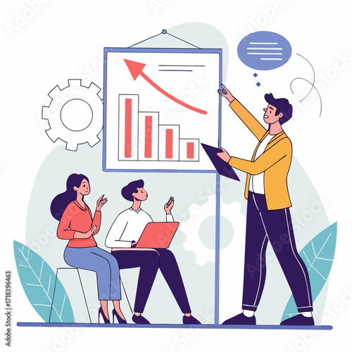 Vector art of business presentation with a man explaining a rising graph to two colleagues, showcasing teamwork and success in a corporate setting