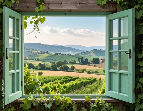 Panoramic view from a window of rolling hills and vineyards