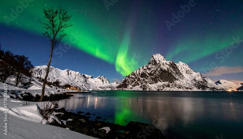 Nighttime Aurora borealis over snowy fjord