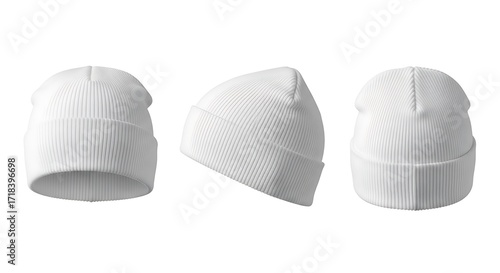 Three White Ribbed Beanie Hats Isolated on a Pure White Background