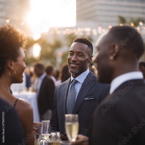 Smiling African American man wearing a suit at a party with a woman against a city skyline