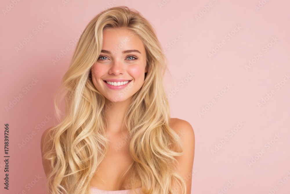 Naklejka premium Bright cheerful young woman with long wavy blonde hair smiling over pink background.