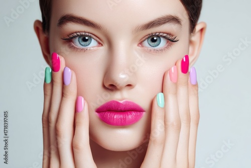 Close-up portrait of a young woman with colorful manicured nails and bright pink lips.
