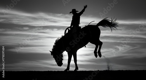 Cowboy riding bucking bronco silhouette