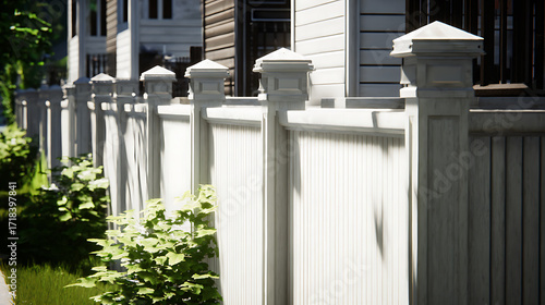 White vinyl fence with decorative posts in a suburban residential yard