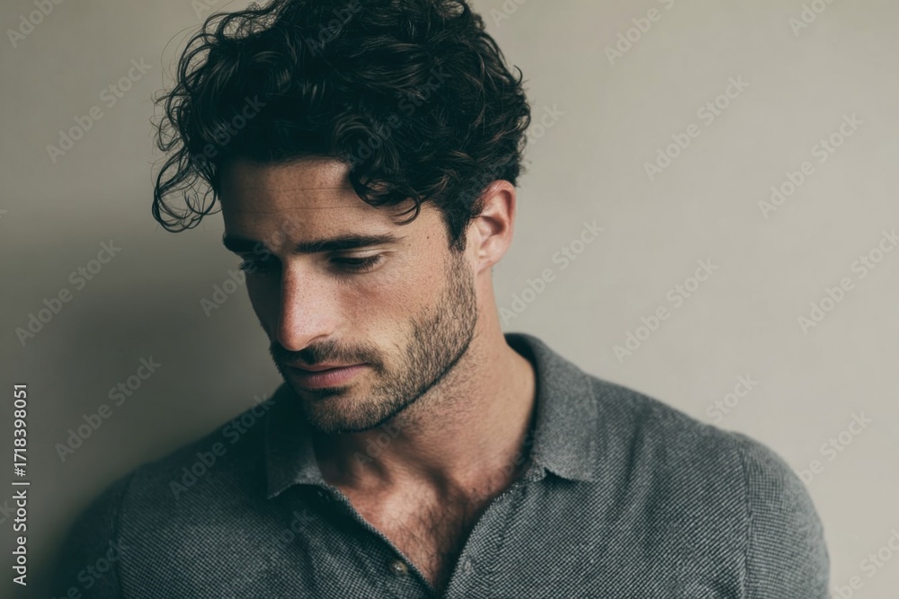 Obraz premium Close up of a thoughtful young man with dark curly hair looking downward indoors.