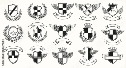 Collection of heraldic shields with wings crowns laurel wreaths and banners in monochrome vintage style