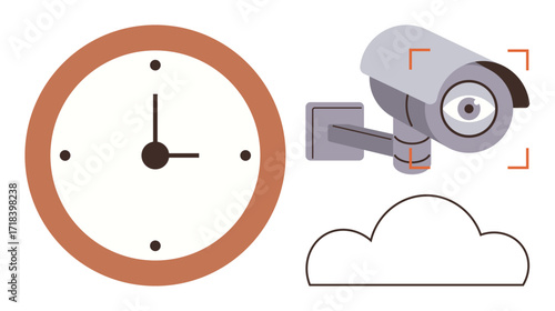 Wall clock, surveillance camera with tracking feature, and cloud shape. Ideal for security, data storage, time management, monitoring solutions, surveillance systems, smart technology technological