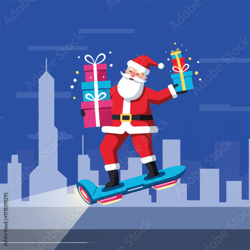Santa on a hoverboard with gifts in front of a city skyline at night