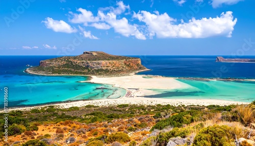 Panoramic view of a beautiful beach, turquoise water, and a small island