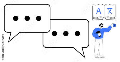 Two speech bubbles with typing dots, an open book with multilingual characters, and a figure holding a globe. Ideal for communication, translation, global reach, education, language learning