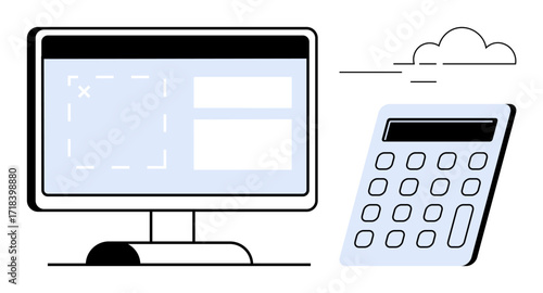 Monitor with interface layout and calculator beside cloud element. Ideal for finance, budgeting, technology, accounting, data management, online tools, productivity. Clean flat metaphor