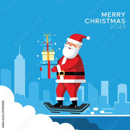 Santa on a hoverboard with presents in a city