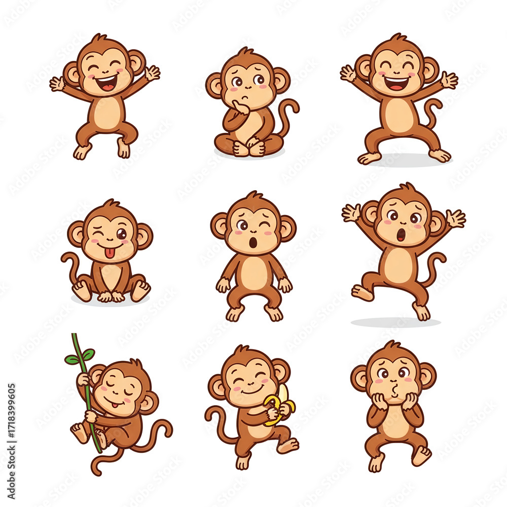 Fototapeta premium Cute cartoon monkeys with various facial expressions and poses, isolated on white background
