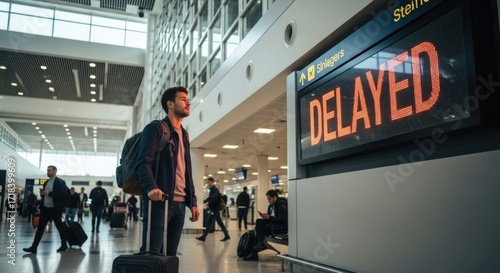 A man waits with luggage in a busy airport terminal, looking up at a digital display board showing DELAYED in red letters, signifying travel disruption and frustration.