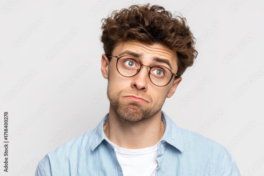 Obraz premium Young man with curly hair and glasses making a confused and skeptical face.