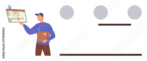 Delivery worker holding a parcel and pointing to a digital device featuring a map. Ideal for logistics, navigation, parcel service, e-commerce, courier service, route planning, simple flat metaphor