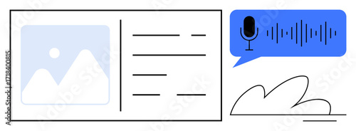 Microphone icon with sound wave next to a layout of image and text elements. Ideal for voice technology, transcription, podcasting, audio design, communication, user interface, and digital media. A