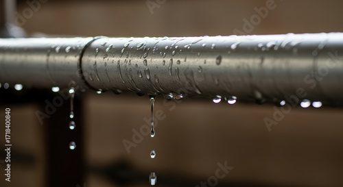 Leaking pipe drips, causing water damage, illustrating urgent plumbing issue. Water leaking pipe, close up of condensation and dripping, signifies possible damage and waste.