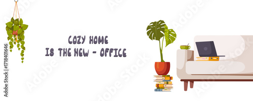 A home office workspace with green plants. Vector illustration of a room interior with a remote workspace, furniture, and flower pots. A freelancer's workspace.