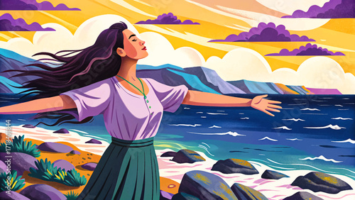 Woman vector with outstretched arms on rocky beach, enjoying fresh air and wind. Symbol of freedom, relaxation, wellness, mindfulness, and outdoor nature lifestyle.