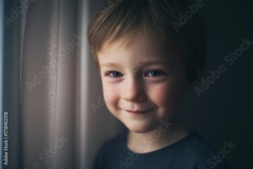 Young boy smiles at the window during a cozy afternoon indoors Generative AI