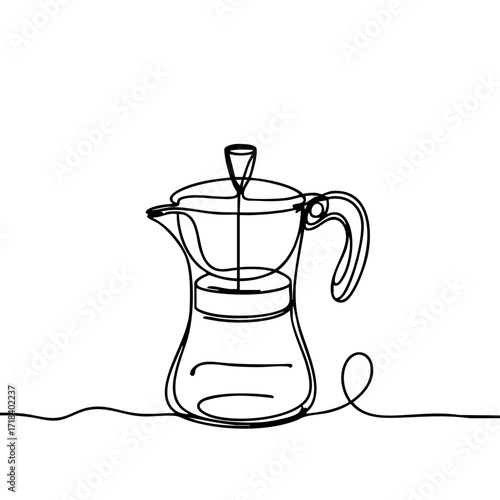 Elegant abstract black one-line drawing of a coffee press being pushed on a plain white background, concept of minimalistic art and modern kitchen decor.