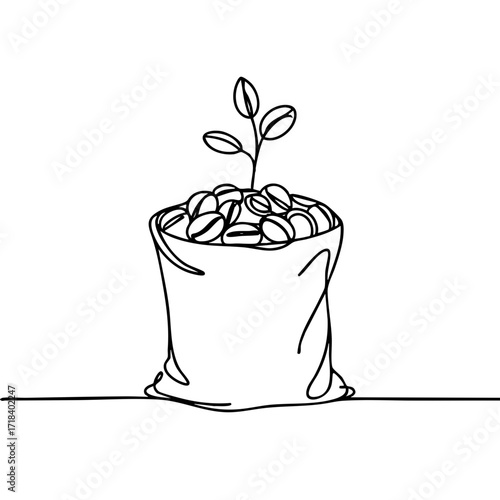 Abstract minimalistic one-line drawing of a bag of coffee beans with a sprouting plant, on plain white background, coffee shop and sustainable concept.
