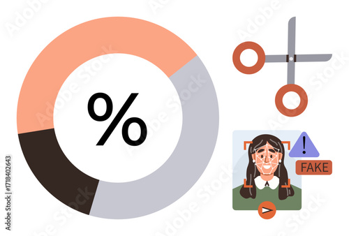 Doughnut chart with percentage sign, scissors symbolizing editing, and fake detection mark for face Ideal for data analysis, statistics, editing, misinformation, AI, security, research simple flat