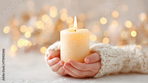 glowing christmas candle held delicately by child surrounded by bokeh of soft twinkling lights