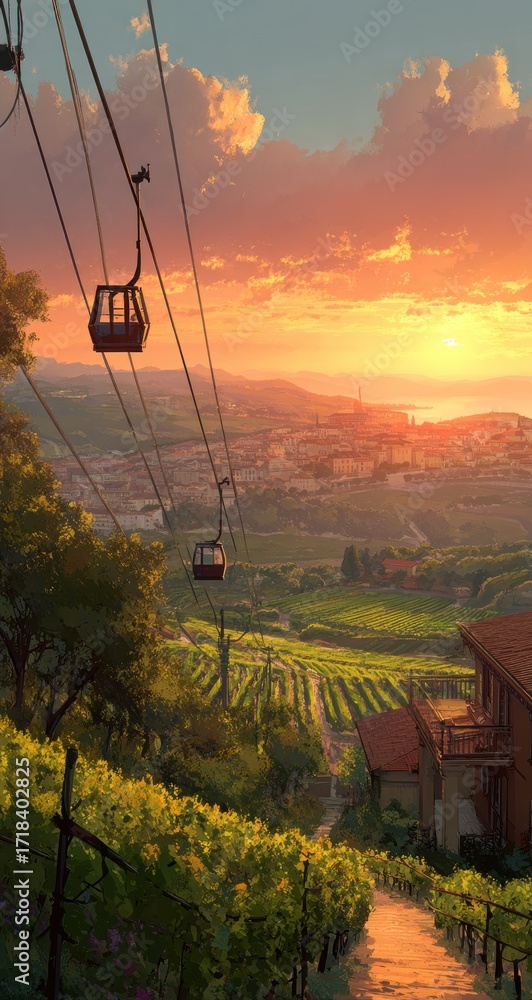 Naklejka premium Sunset Vineyard Cable Car Ride