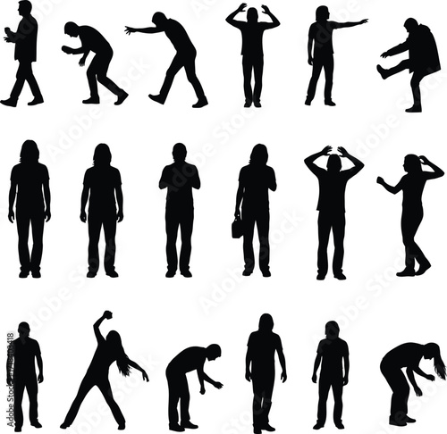 Silhouettes of people in various poses including standing bending walking and stretching on a white background