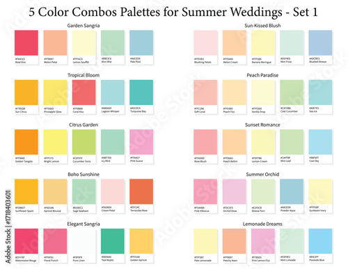 Summer Wedding Color Palettes Set 1 - 3d Marriage 5 Colour Combo, Color Schemes with Hex Codes and Names, Colour Swatches and Combinations
