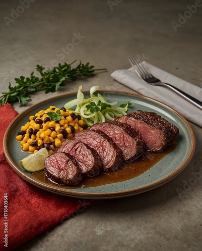 Rosa Rinderfilet in Scheiben mit Soße, Sellerie, Mais und Bohnen serviert