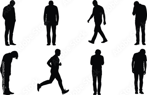 Silhouette depictions of men in various poses including walking running and standing positions shown here