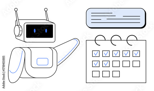 Robotic assistant pointing at a checklist with completed tasks and a text speech bubble. Ideal for automation, productivity, time management, technology, organization, planning, simple flat metaphor