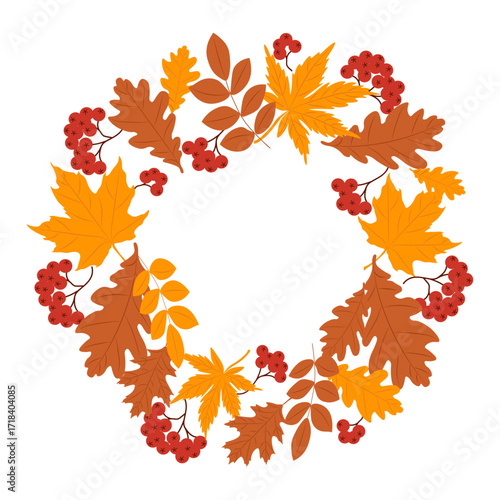 Autumn wreath of colorful leaves and rowan berries. Ideal for fall greeting card, invitation, harvest festival or seasonal decor