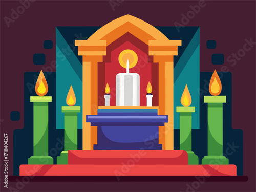 Fantasy temple altar with pillars and fire. Cartoon vector illustration