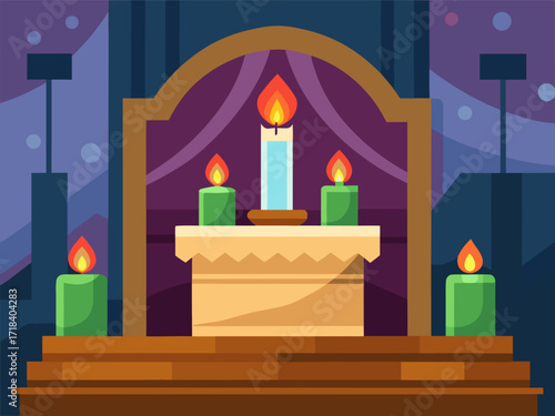Spiritual sanctuary with altar and candlelight. Cartoon vector illustration