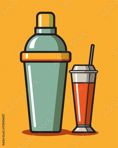 Bar shaker tin and glass with straw. Cartoon vector illustration