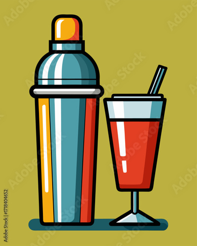 Bar shaker with lid and drink with straw. Cartoon vector illustration