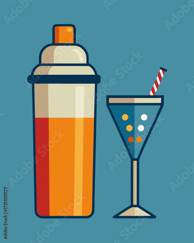 Bar shaker tin and glass with straw. Flat vector illustration