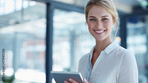 Free Download Smiling young woman with blonde hair holding tablet in bright modern office space. - GFXLoad