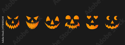 Set of spooky pumpkin smiles in orange on black background. Horror and scary faces. Design for Halloween