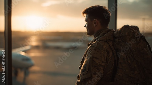 Military soldier with backpack waiting at airport terminal during sunset flight departure.